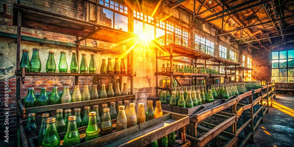 Abandoned Factory Interior with Retro Soda Bottles, Urban Exploration Photography Abandoned Factory Interior with Retro Soda Bottles, Urban Exploration Photography