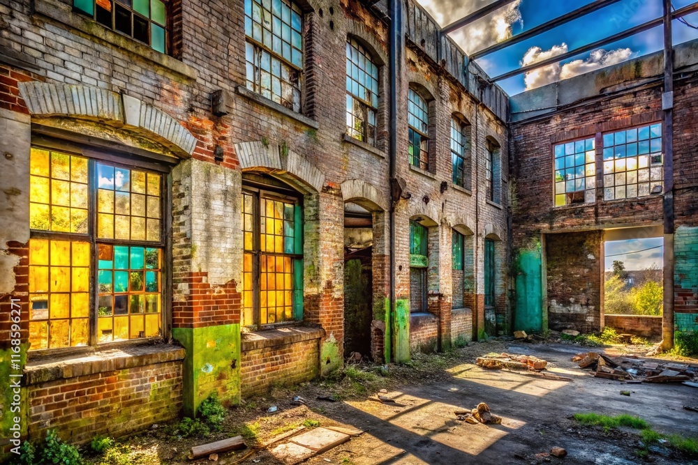 Fototapeta premium Abandoned Gray Brick Building Urban Exploration Photography Stock Photo