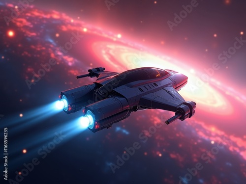 Fototapeta Naklejka Na Ścianę i Meble -  Futuristic spaceship travels through a vibrant galaxy, showcasing advanced technology and exploring the wonders of space at twilight