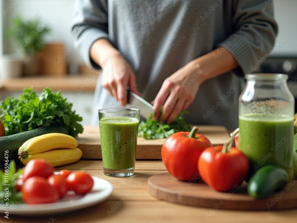 Preparation of a healthy green smoothie with fresh vegetables and fruits in a modern kitchen setting Preparation of a healthy green smoothie with fresh vegetables and fruits in a modern kitchen setting