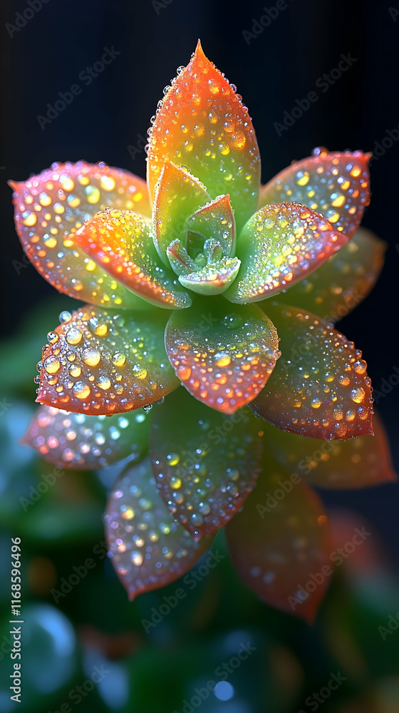 Dew-covered succulent with vibrant orange and green hues. Dew-covered succulent with vibrant orange and green hues.