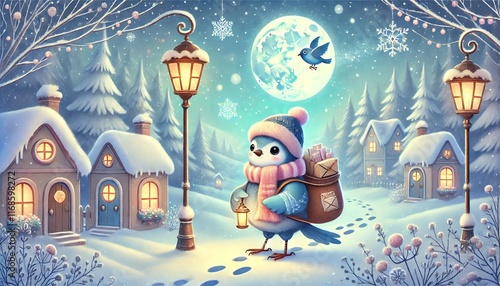 A warm and enchanting winter scene of a bird postman on a snowy path delivering magical letters in a serene forest village