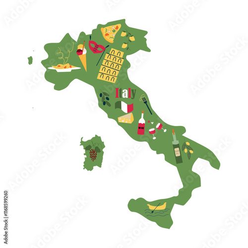 Travel to Italy banner design. Italian culture and old heritage landmarks, carnival mask, italian food, gondola of Venice and etc. Vector illustration
