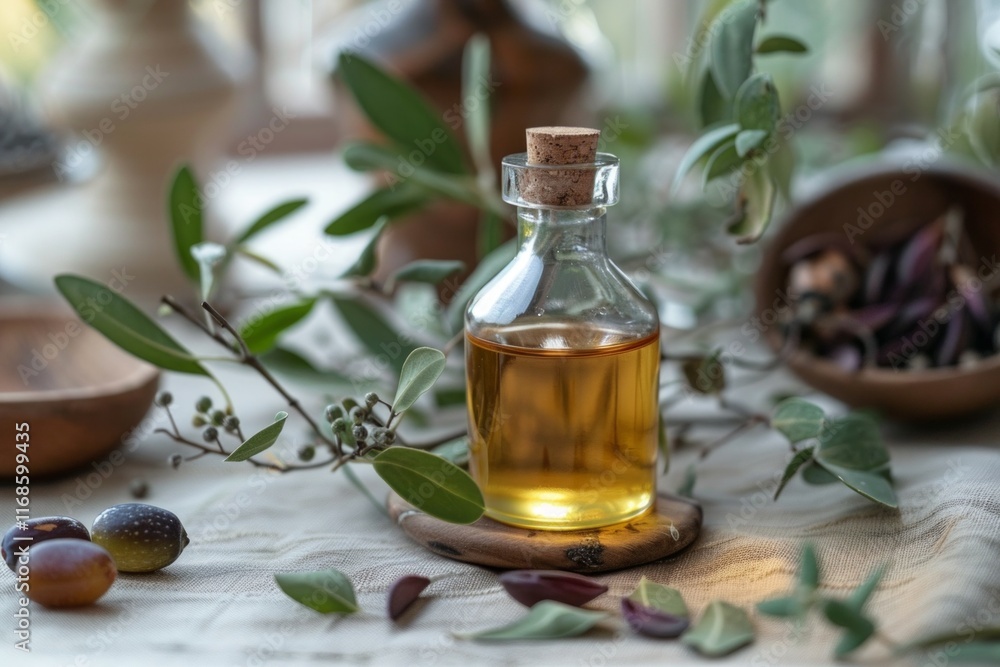 Natural oil bottle surrounded by botanical leaves and seeds on a rustic table Natural oil bottle surrounded by botanical leaves and seeds on a rustic table