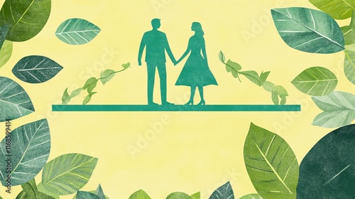 Romantic Couple Holding Hands Surrounded by Green Leaves and Floral Elements photo