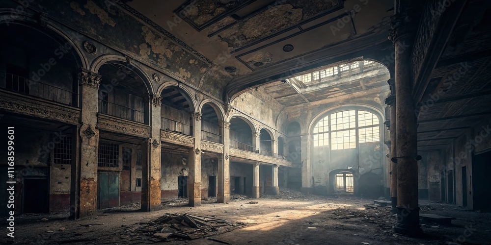 Obraz premium Abandoned Urban Building Interior, Decaying Architecture, Grungy Room, Vintage Aesthetic, Mysterious Atmosphere