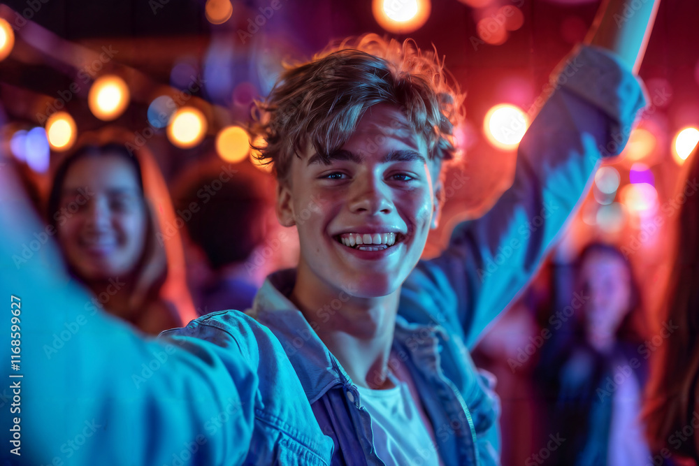 Boy Enjoys Dancing With Friends in a Lively Club Environment Boy Enjoys Dancing With Friends in a Lively Club Environment
