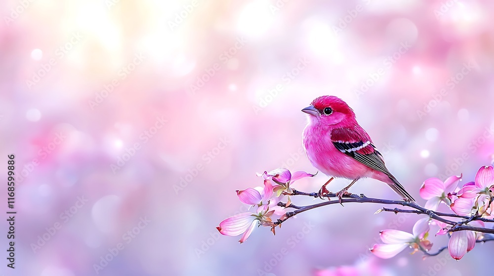 Pink bird perched on blossoming branch, soft spring background. Pink bird perched on blossoming branch, soft spring background.