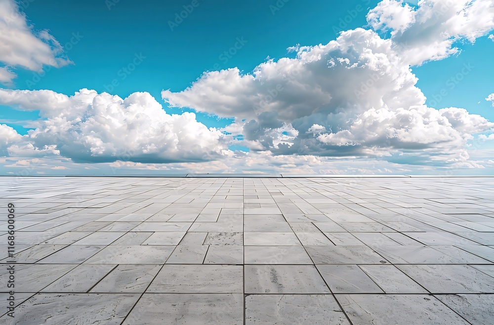 Wide, empty plaza under a vibrant blue sky with fluffy white clouds. Wide, empty plaza under a vibrant blue sky with fluffy white clouds.