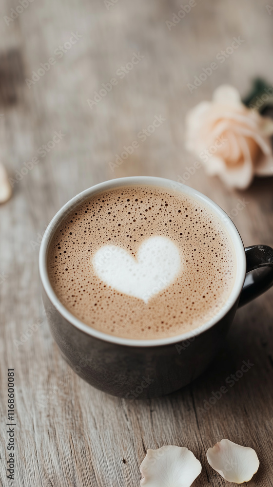 A steaming cup of cappuccino with heart-shaped latte art sits on a rustic wooden surface, surrounded by delicate rose petals and a soft-focus flower, creating a warm and romantic atmosphere. A steaming cup of cappuccino with heart-shaped latte art sits on a rustic wooden surface, surrounded by delicate rose petals and a soft-focus flower, creating a warm and romantic atmosphere.