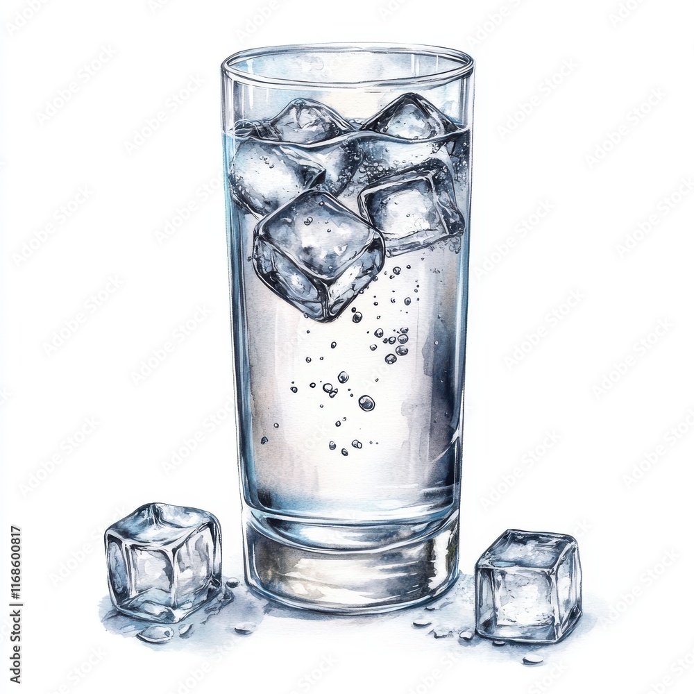 A close-up a refreshing glass ice water showcasing droplets ice cubes isolated on white background A close-up a refreshing glass ice water showcasing droplets ice cubes isolated on white background