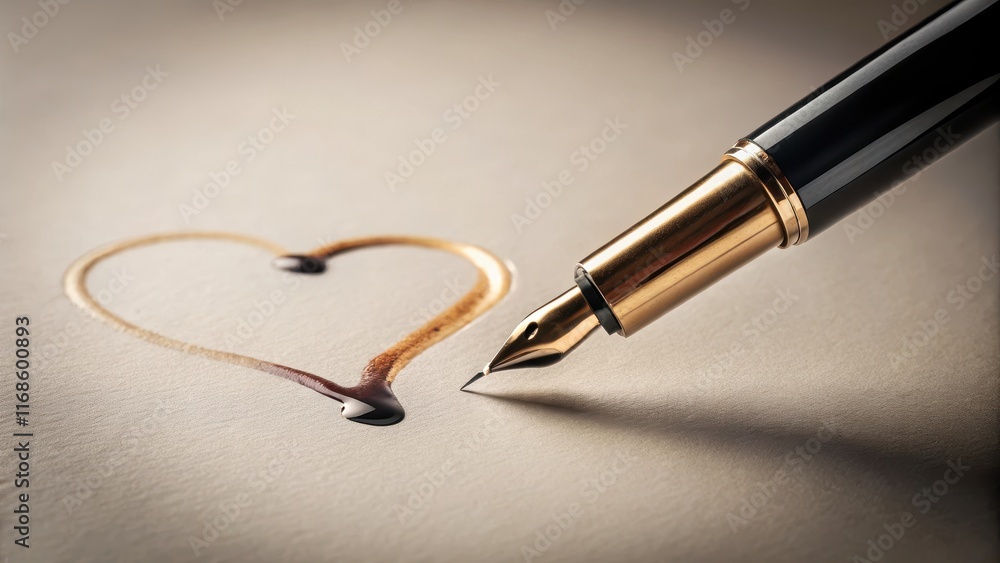 Fototapeta premium A single pen lying on a desk with ink flowing out of it, creating a heart shape on the surface
