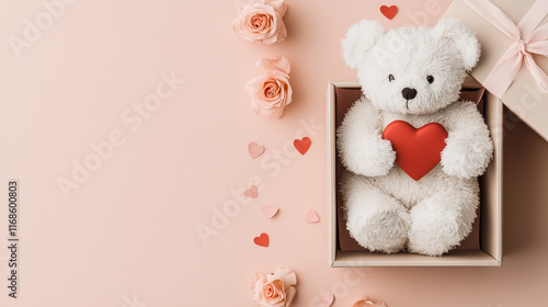 A fluffy white teddy bear holding a red heart inside an open pastel gift box, surrounded by delicate pink roses and heart-shaped confetti, creating a romantic Valentine’s scene. photo