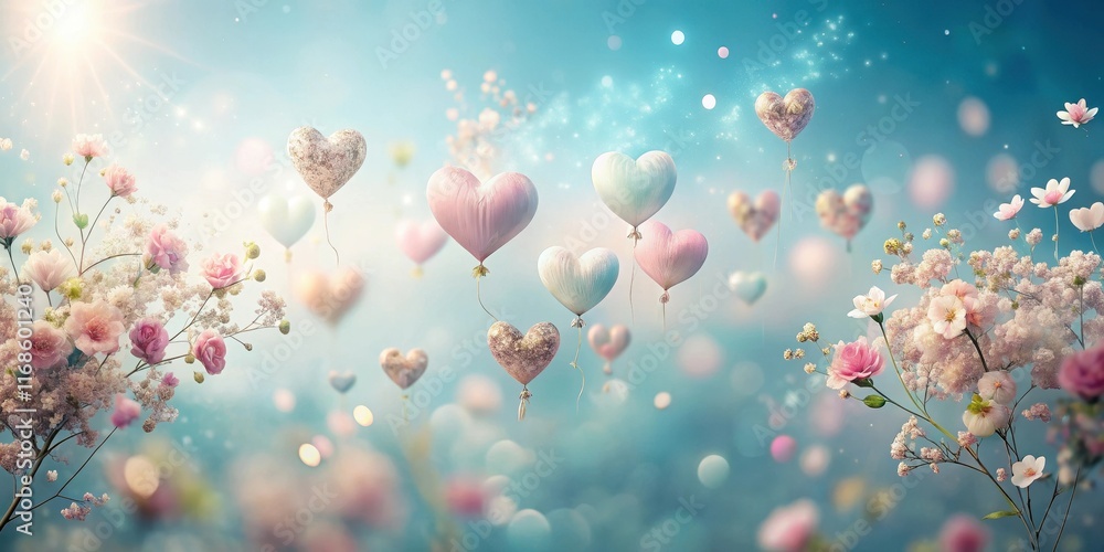 Delicate floral hearts floating in mid-air amidst a soft blue misty background , mist, air,  mist, air, ethereal