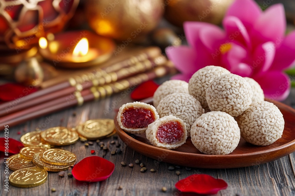 Traditional sesame balls with fig filling and lotus decor. Chinese cuisine and confectionery concept. For Chinese New Year, Spring Festival. Close-up food shot for poster, menu, card Traditional sesame balls with fig filling and lotus decor. Chinese cuisine and confectionery concept. For Chinese New Year, Spring Festival. Close-up food shot for poster, menu, card