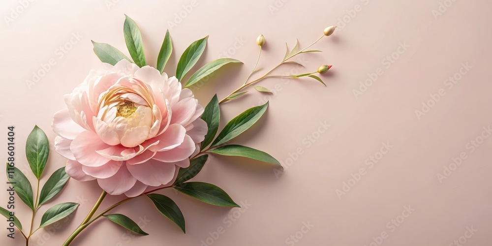 Naklejka premium A delicate peony flower blooms on a soft pastel pink paper background, surrounded by intricate greenery and subtle golden accents , blooms, spring flowers
