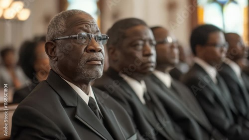 African American men in black suits sitting solemnly in rows during a formal church service