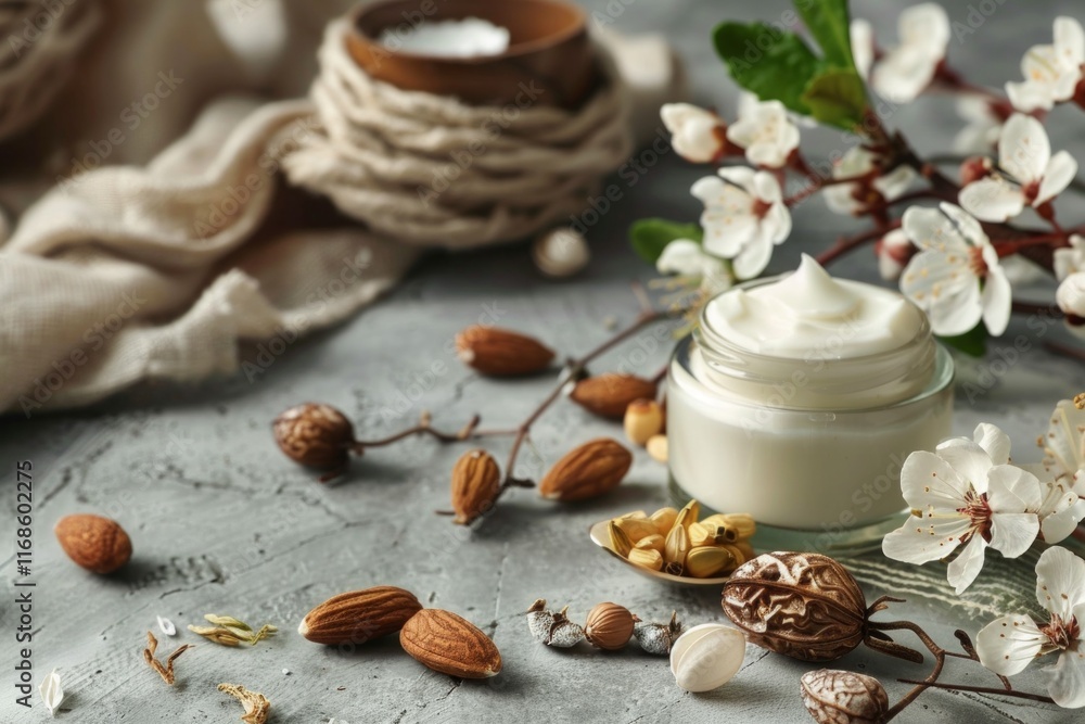 Nourishing cream with almonds and blossoms on textured gray background for natural skincare and beauty Nourishing cream with almonds and blossoms on textured gray background for natural skincare and beauty