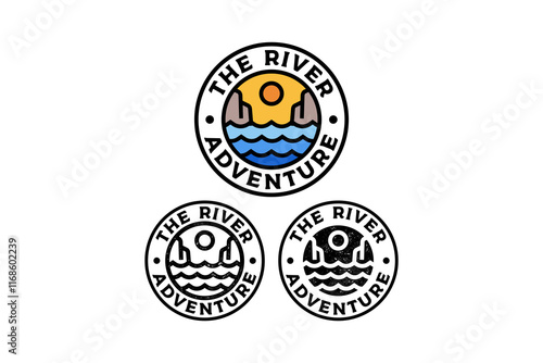 river with cliff edge canyon circle badge vector illustration template graphic design collection with colorful, filled and line art style for adventure and outdoors merchandise and other uses.