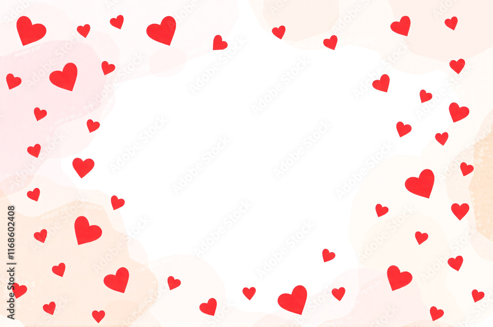 A whimsical watercolor backdrop with red heart patterns in pastel red and cream tones with center space A whimsical watercolor backdrop with red heart patterns in pastel red and cream tones with center space