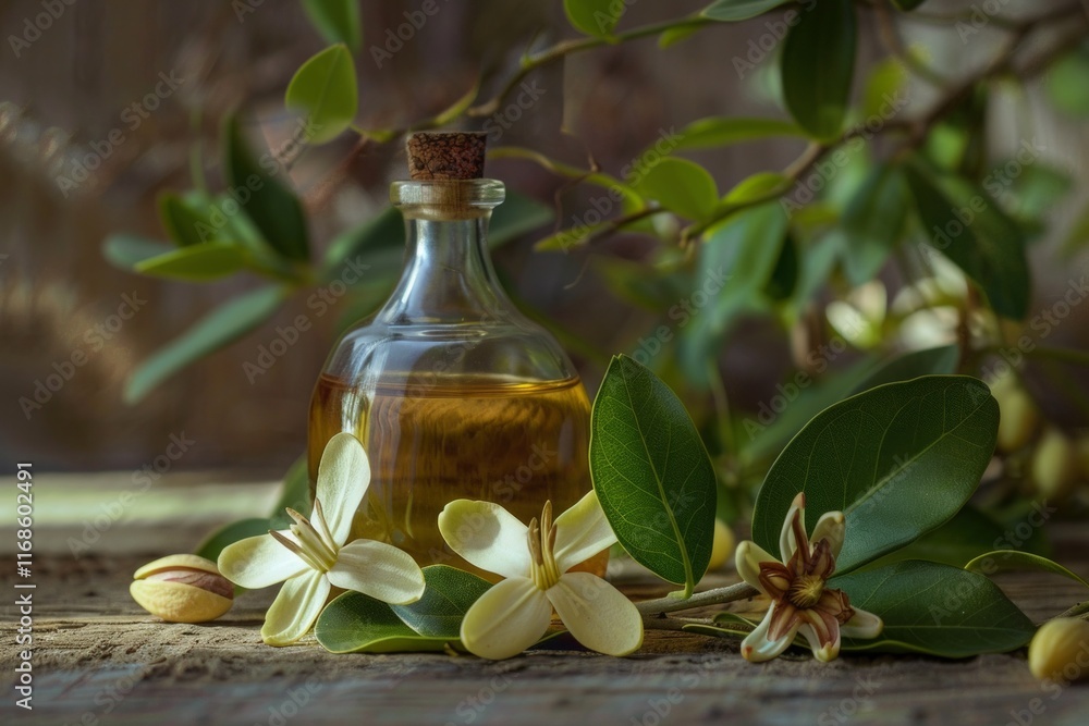 Natural jojoba oil in glass bottle with fresh green leaves and blooming white flowers on rustic wooden surface Natural jojoba oil in glass bottle with fresh green leaves and blooming white flowers on rustic wooden surface