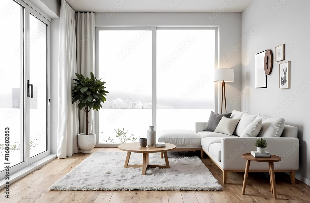 Fototapeta premium Living room with a minimalist design: white diva, wall decor and a large window overlooking a serene white landscape creating a Scandinavian-inspired look