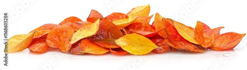 Pile of orange and yellow autumn leaves isolated on white background.