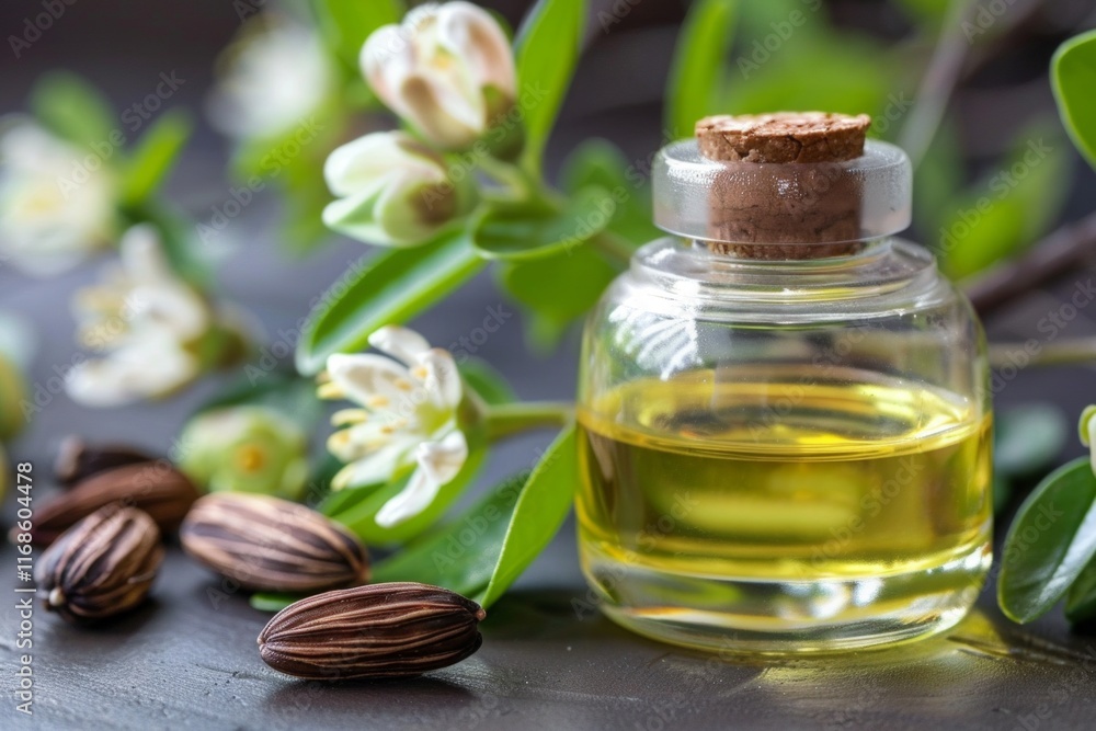 Glass bottle with golden jojoba oil surrounded by jojoba seeds and blooming flowers, perfect for skincare and aromatherapy. Glass bottle with golden jojoba oil surrounded by jojoba seeds and blooming flowers, perfect for skincare and aromatherapy.