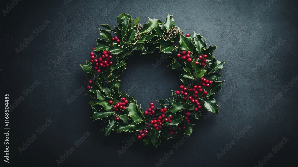 Christmas wreath with holly leaves and red berries on dark background. Christmas wreath with holly leaves and red berries on dark background.