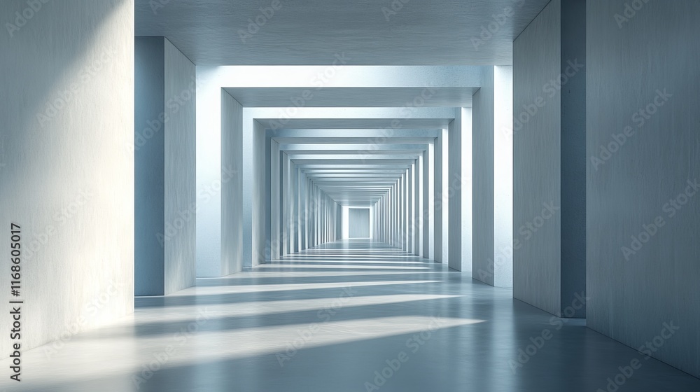 Fototapeta premium Sunlit minimalist hallway with repeating rectangular columns.