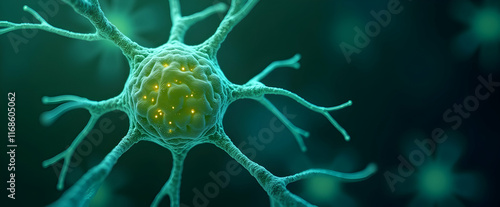 Microscopic View: A vibrant teal neuron, its intricate branches extending, glows with inner light, a mesmerizing glimpse into cellular complexity.