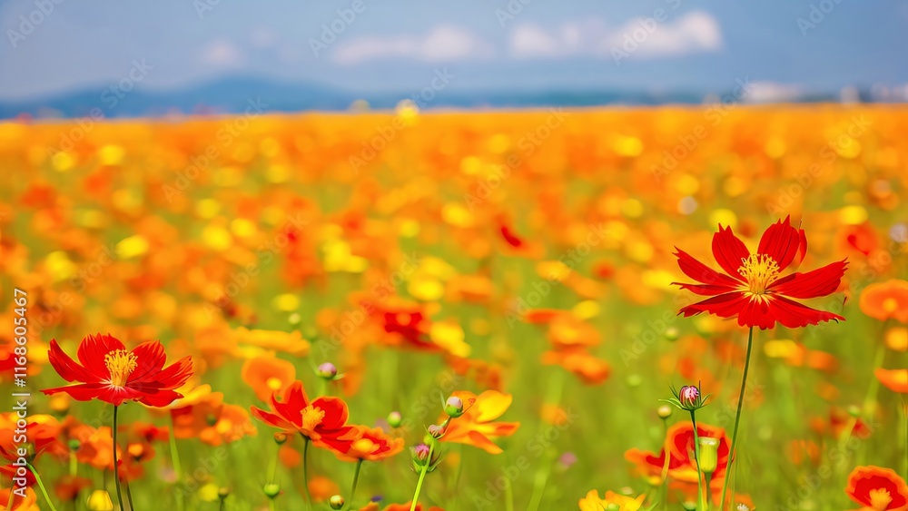 Vibrant red and orange cosmos flowers blooming in a vast field under a partly cloudy sky. Vibrant red and orange cosmos flowers blooming in a vast field under a partly cloudy sky.