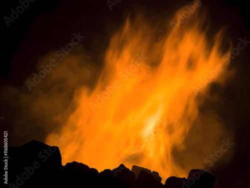 Intense orange flames and smoke rise against a dark background, depicting the burning of fossil fuels like coal or oil. Close-up detail highlights the heat, energy, and pollution 