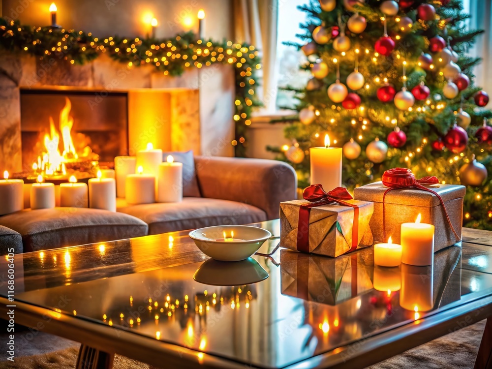 Festive Christmas Coffee Table Still Life: Double Exposure of Gifts, Candles, Fireplace & Tree Festive Christmas Coffee Table Still Life: Double Exposure of Gifts, Candles, Fireplace & Tree
