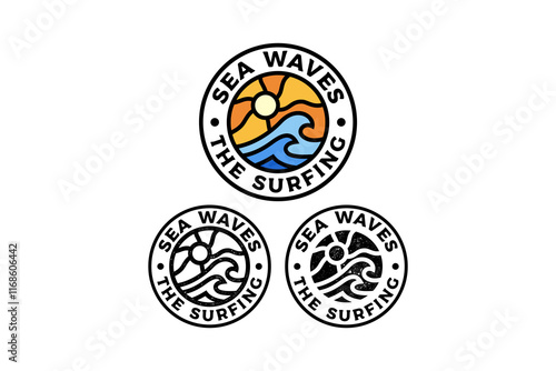 big sea wave with sunset circle badge vector illustration template graphic design collection with colorful, filled and line art style for adventure and outdoors merchandise and other uses. photo