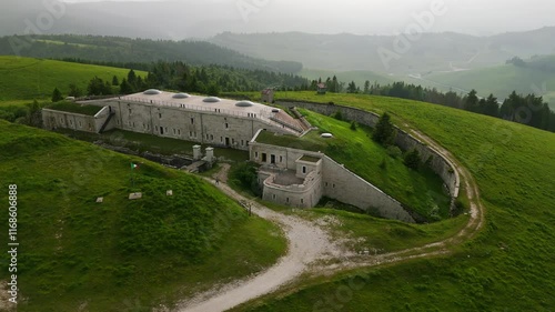 Forte Lisser, military fortress, Enego, Vicenza in Italy. Aerial drone orbiting photo