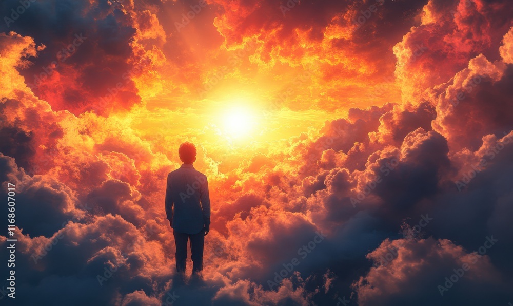 Silhouette of a person against a vibrant sunset sky filled with clouds Silhouette of a person against a vibrant sunset sky filled with clouds