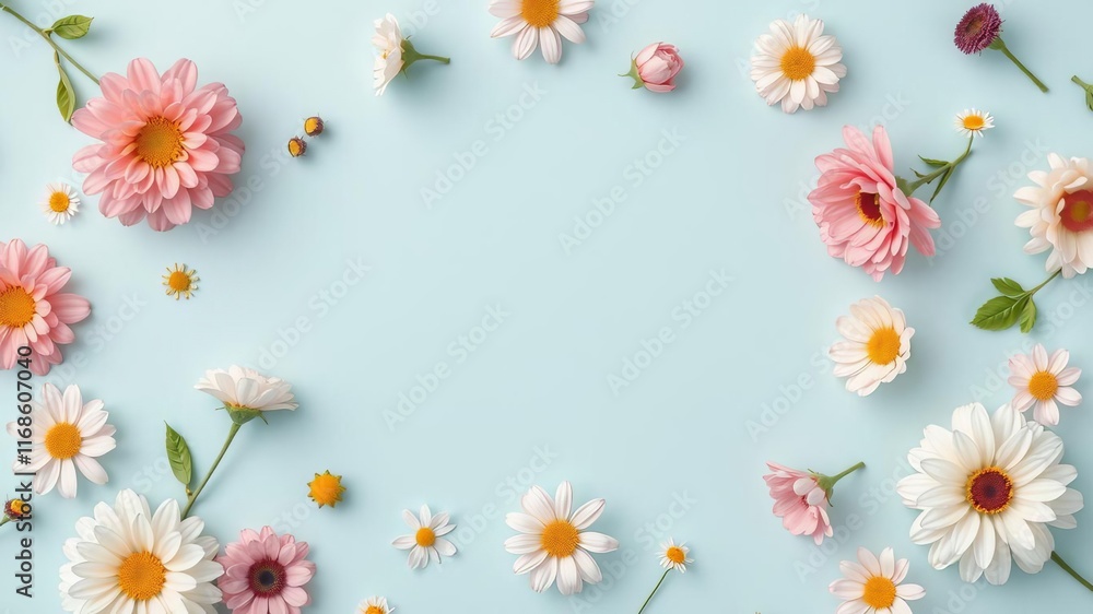 Colorful fresh flowers in the center against a pastel blue background, a minimal flat lay floral pattern symbolizing love and friendship, isolated, floral pattern