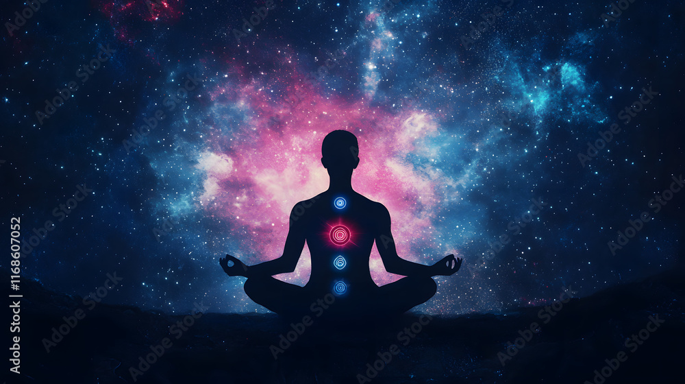 Meditation with Colorful Chakra Patterns Glowing Around the Body
Meditation with Colorful Chakra Patterns Glowing Around the Body