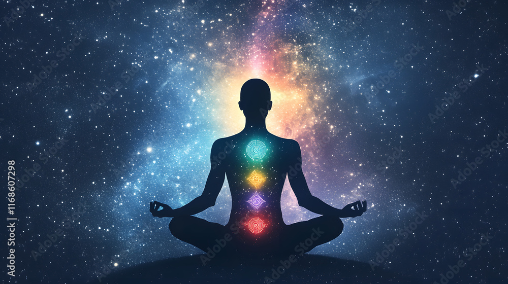 Meditation with Colorful Chakra Patterns Glowing Around the Body
Meditation with Colorful Chakra Patterns Glowing Around the Body