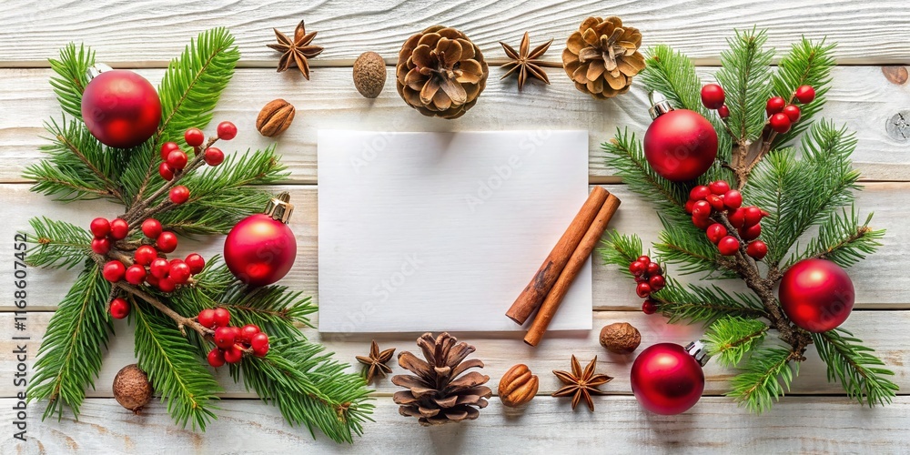 Festive Christmas Flat Lay: Blank Card & Decor on White Wood - Perfect for Holiday Greetings Festive Christmas Flat Lay: Blank Card & Decor on White Wood - Perfect for Holiday Greetings