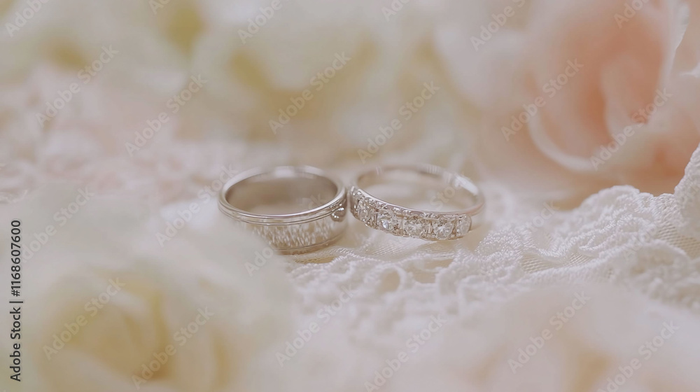 Wedding rings resting on delicate lace fabric amidst soft pink roses. Wedding rings resting on delicate lace fabric amidst soft pink roses.