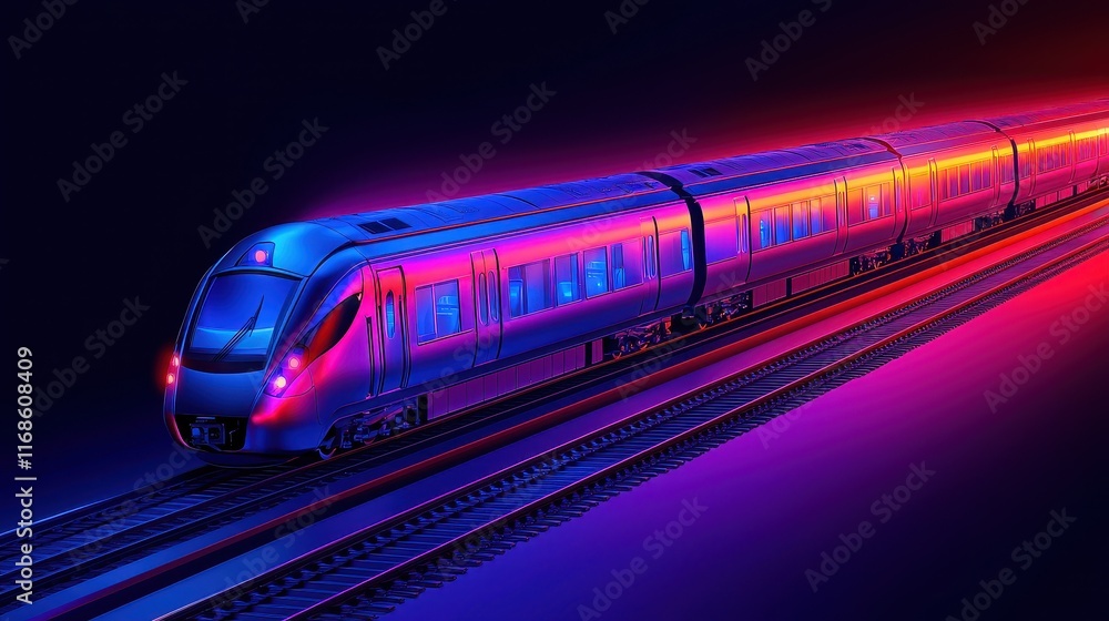 Futuristic High Speed Train Traveling at Night Neon Lights Modern Railway Transport Futuristic High Speed Train Traveling at Night Neon Lights Modern Railway Transport
