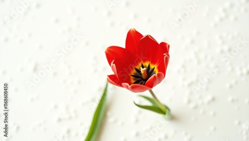 A solitary, vibrant red tulip blossom, its delicate petals slightly curled and radiating from the center, sits elegantly on a pristine, snow-white background, its subtle texture providing a subtle con