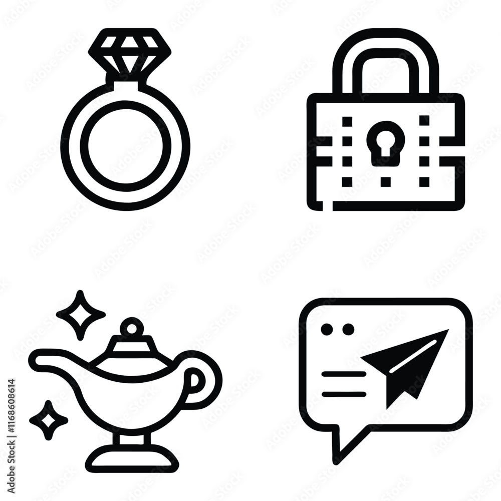 Simple black line icons of a diamond ring, padlock, magic lamp, and message/email Simple black line icons of a diamond ring, padlock, magic lamp, and message/email