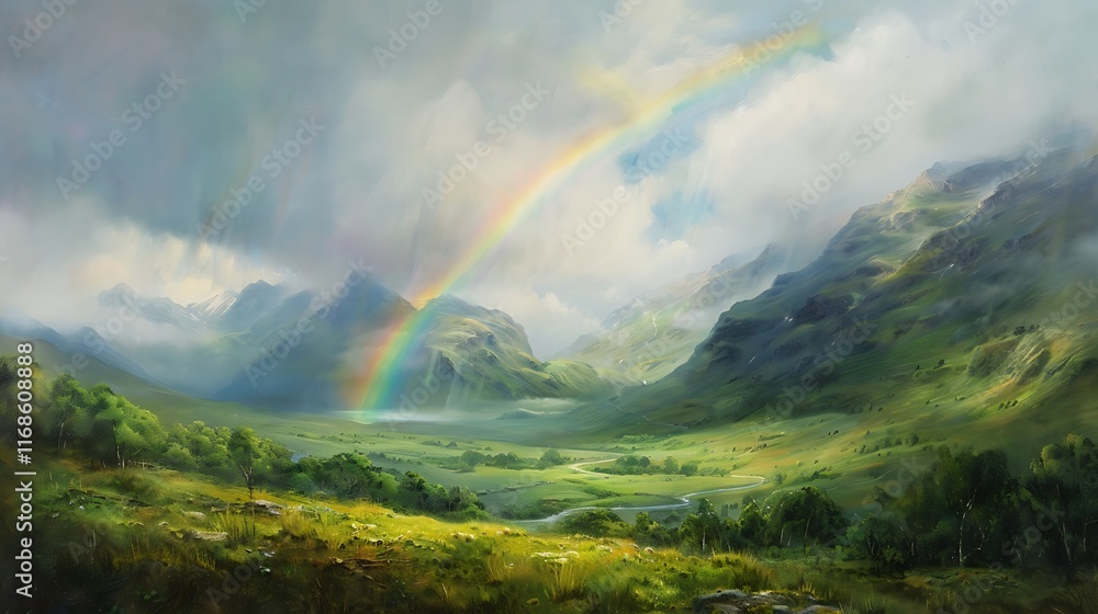 rainbow stretching across green valley rainbow stretching across green valley