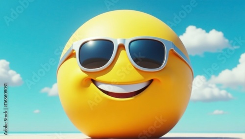 In a vibrant, sun-kissed environment, a large, cheerful yellow smiley emoji, roughly the size of a human head, wears a pair of trendy, oversized, mirrored sunglasses with bright silver frames, its bri