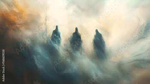 Ethereal Silhouettes Emerging from Misty Clouds: A Hauntingly Beautiful Scene of Enigmatic Figures in Soft Light