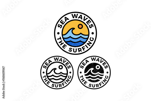 ocean wave with sun circle badge vector illustration template graphic design collection with colorful, filled and line art style for adventure and outdoors merchandise and other uses.