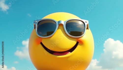 In a vibrant, sun-kissed environment, a large, cheerful yellow smiley emoji, roughly the size of a human head, wears a pair of trendy, oversized, mirrored sunglasses with bright silver frames, its bri